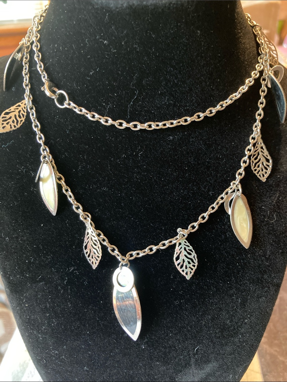 Silver Tone Leaf and Marquise Pendant Layered Necklace - Women Jewelry